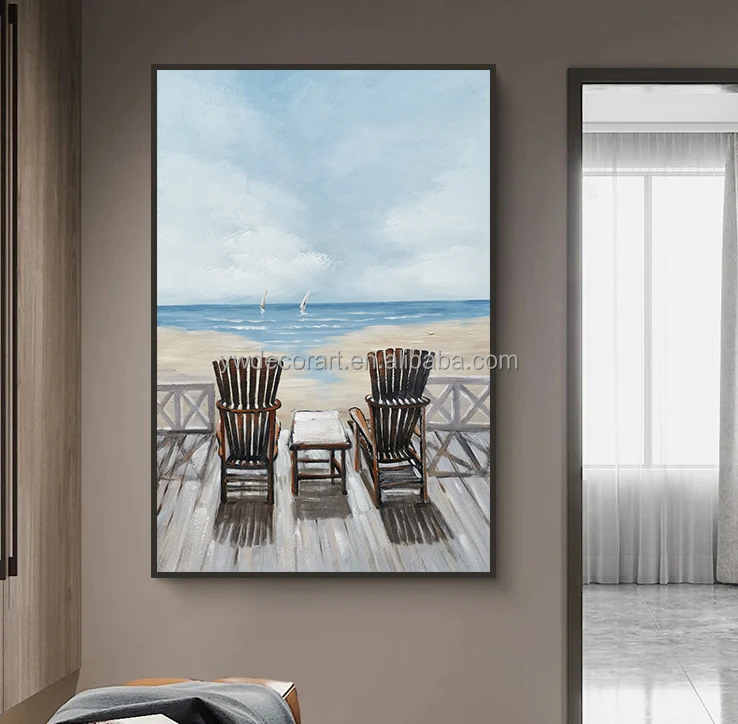 Coastal Canvas Wall Art Beach Chair Art Handmade Oil Painting Seascape Painting For Bathroom Home Wall Decor
