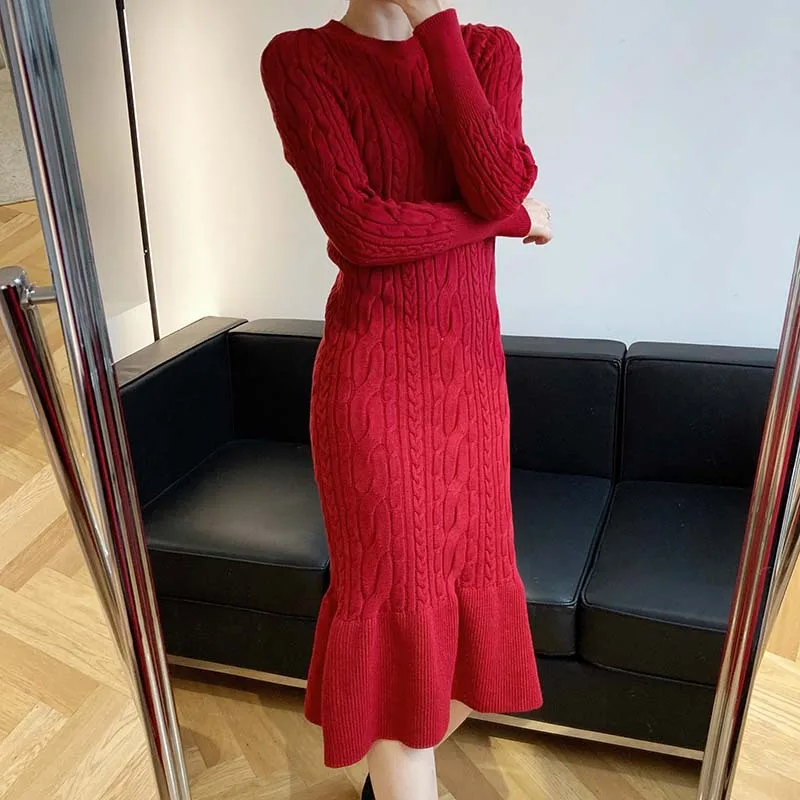 
2021 Winter Woman casual Solid Thicken twist knitted fishtail dress Bodycon Sweater Dresses 