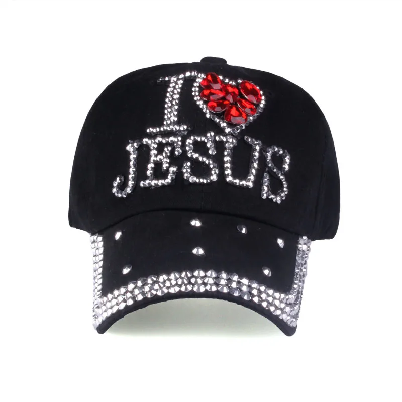 Wholesale Fashion Baseball Caps High Quality Bling Hats For Women Custom JESUS Cotton Cap Adjustable Rhinestone Denim Cap Hat