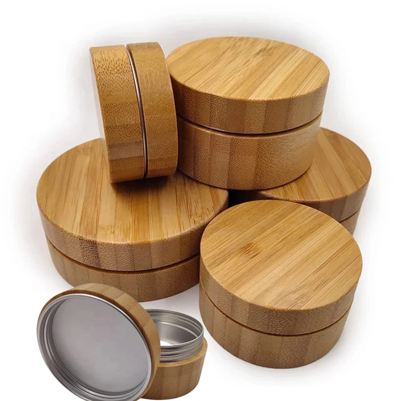 Customized 50g Bamboo Beauty Container Wooden Jar with Aluminum Lid Metal Aluminum Cosmetic Packaging for Face Cream