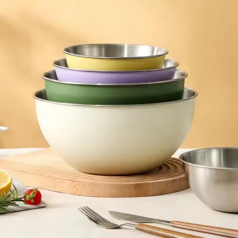 Korean Stainless Steel Colorful Salad Mixing Bowl With Scale Washing Basket Kitchen Baking Cake Batter Salad Basin Set
