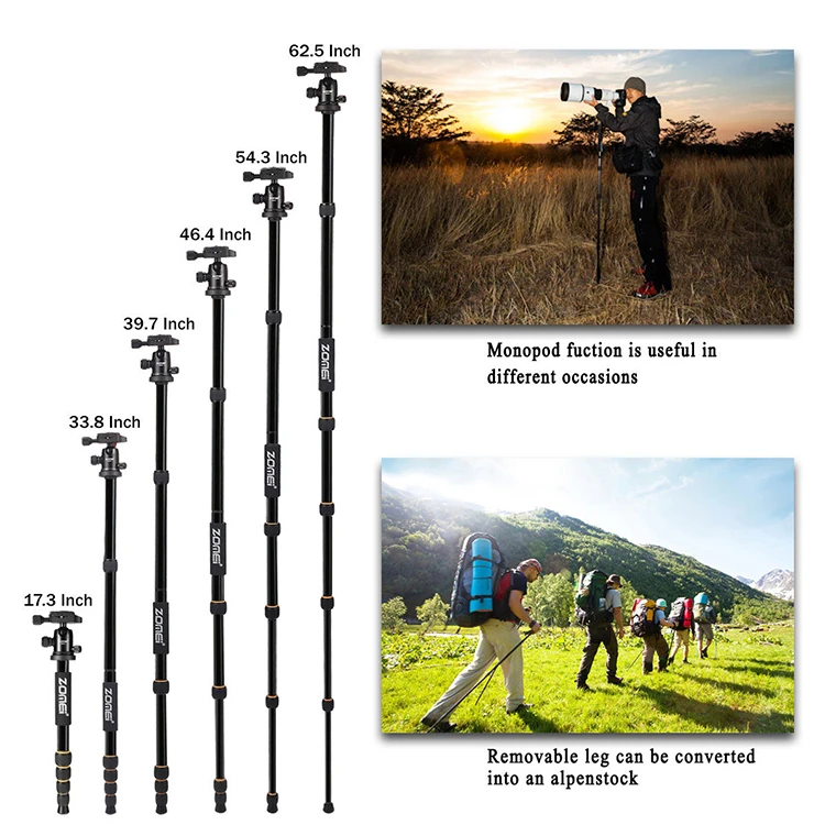
Zomei Q666 4 sections camera tripod with monopod and ball head tripod kit for dslr 