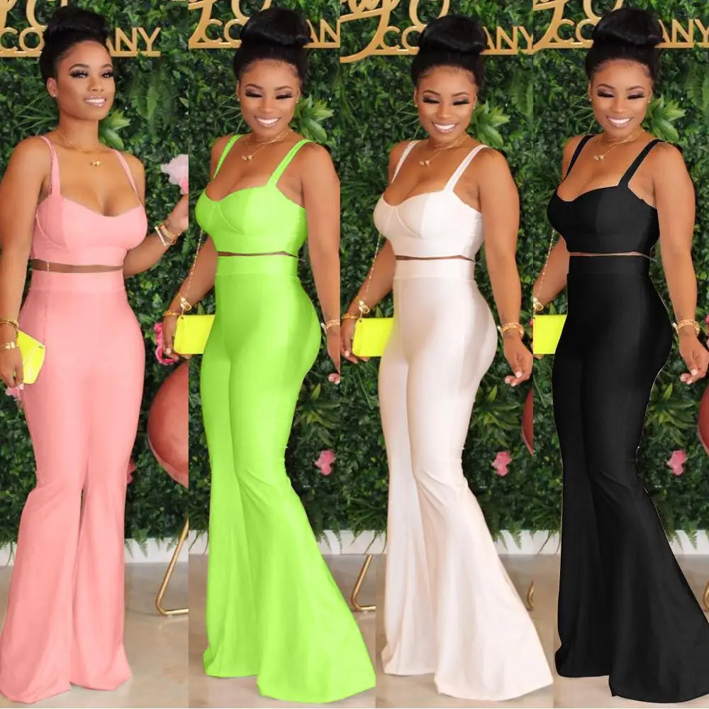 
Solid Colour High Waist Bell Pants Straight Strap Crop Tops 2021 New Arrive Clubwear Two Piece Sets Bottom African Clothing 