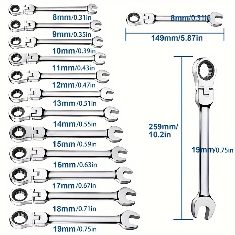 Single Flex Head Ratcheting Wrench Set- Metric Ratchet Combination Wrenches CrV Gear Spanner Set Car Key Wrench Repair Tool Set