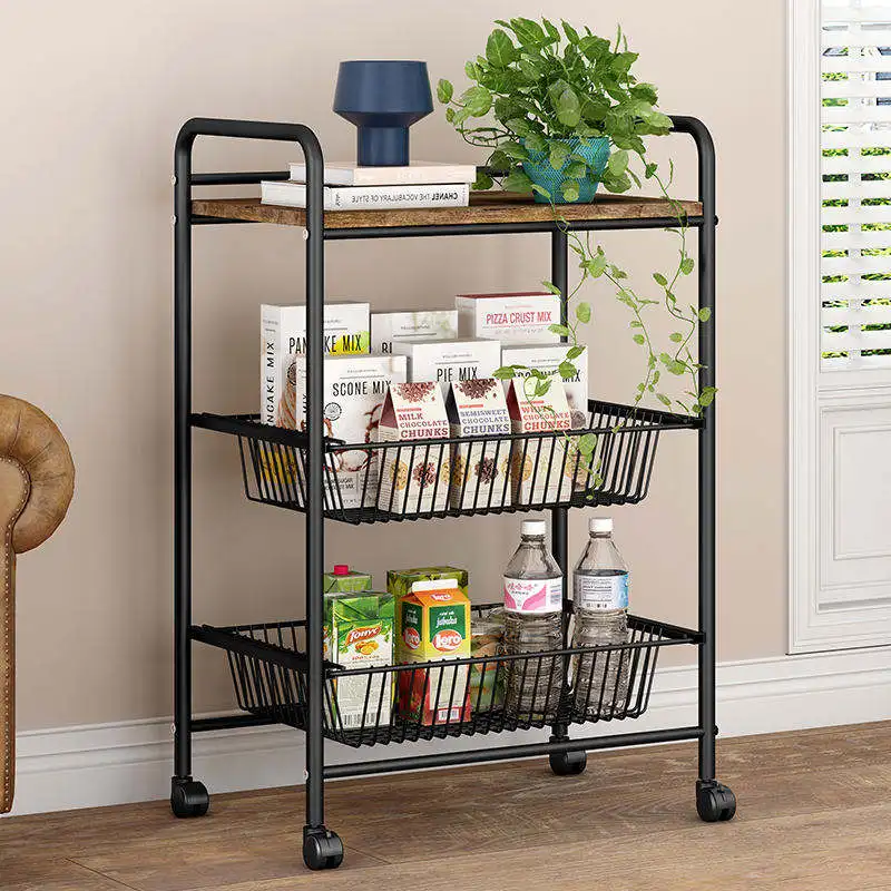 Kitchen 3 Layer Wrought Iron Storage Rack Living Room Storage Trolley Removable Metal Storage Rack With Wheels