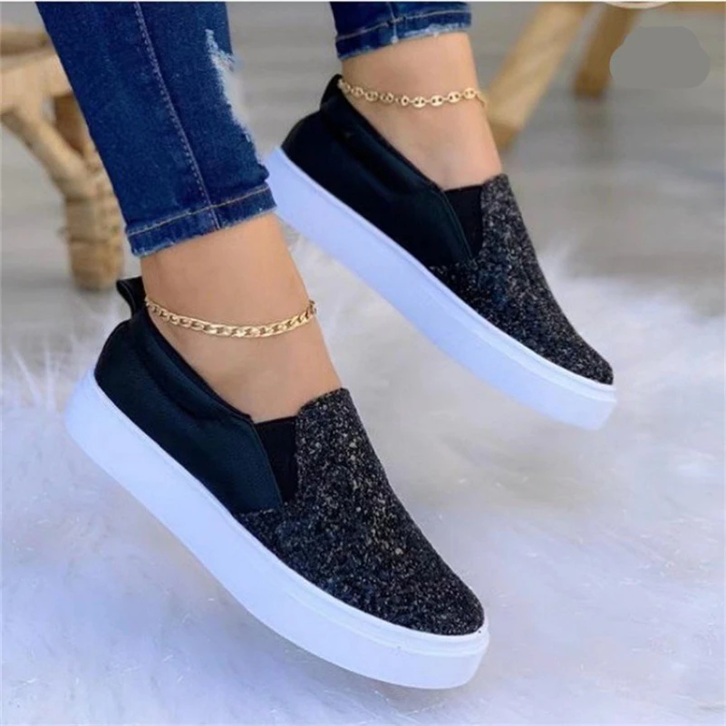 New Spring Summer Plus Size Women Fashionable Sequin Sneakers Outdoor Leisure Gold Flat Shoes Ladies Comfortable Loafers