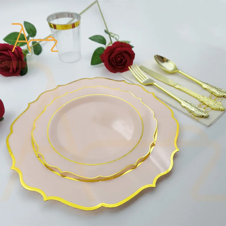 Wholesale pink plastic dinner charger plates dinnerware sets with napkin spoon fork knife cup party supplies disposable plates