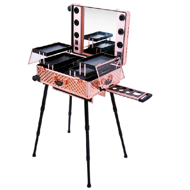 hot selling aluminum case with wheels trolley aluminium aluminum makeup cosmetic case with mirror lights bulbs legs stands trays