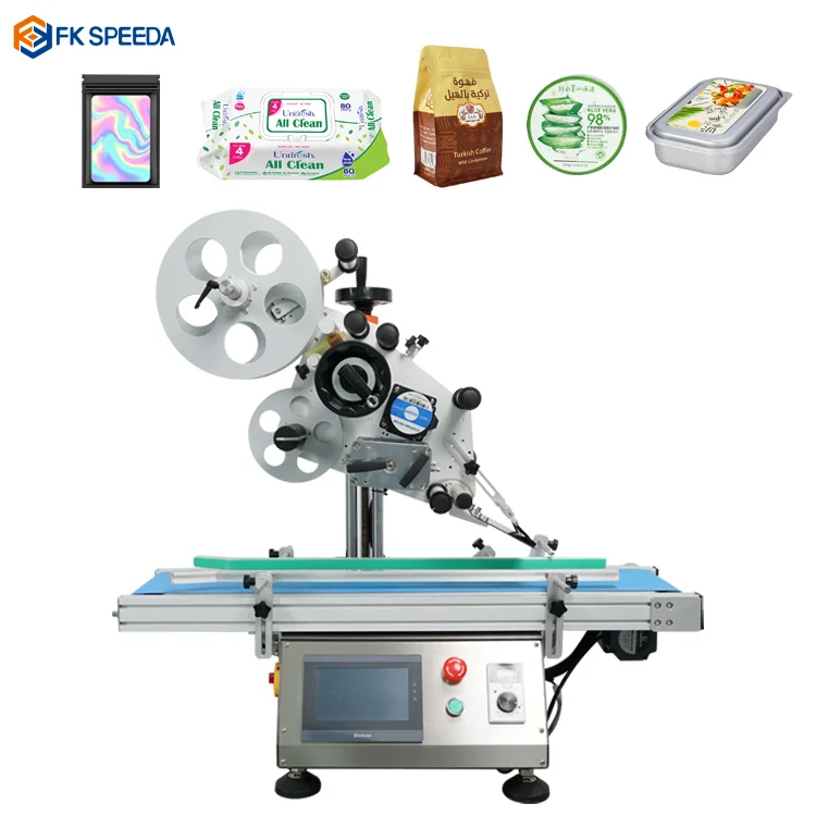 FK-SPEEDA Full Automatic Paper Box Scratch Card Plastic Bag Adhesive Sticker Flat Labeling Machine applicator
