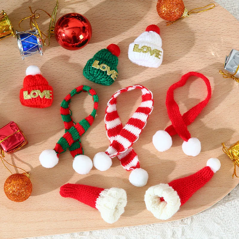 Xmas Mini Scarf Hat Decor Doll Clothes Accessory Miniature Christmas Party Ornament Knitted Mini Christmas Caps For Xmas Tree