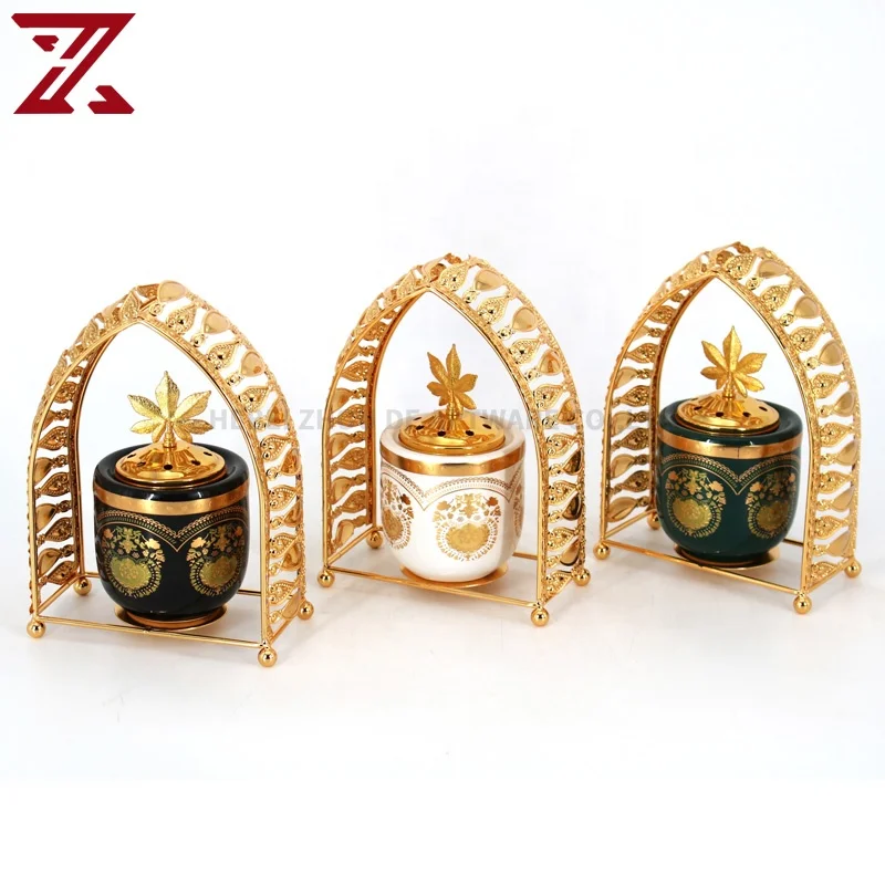 Customized white green black ceramics cup shaped censer with metal round bridge base ramadan incense burner