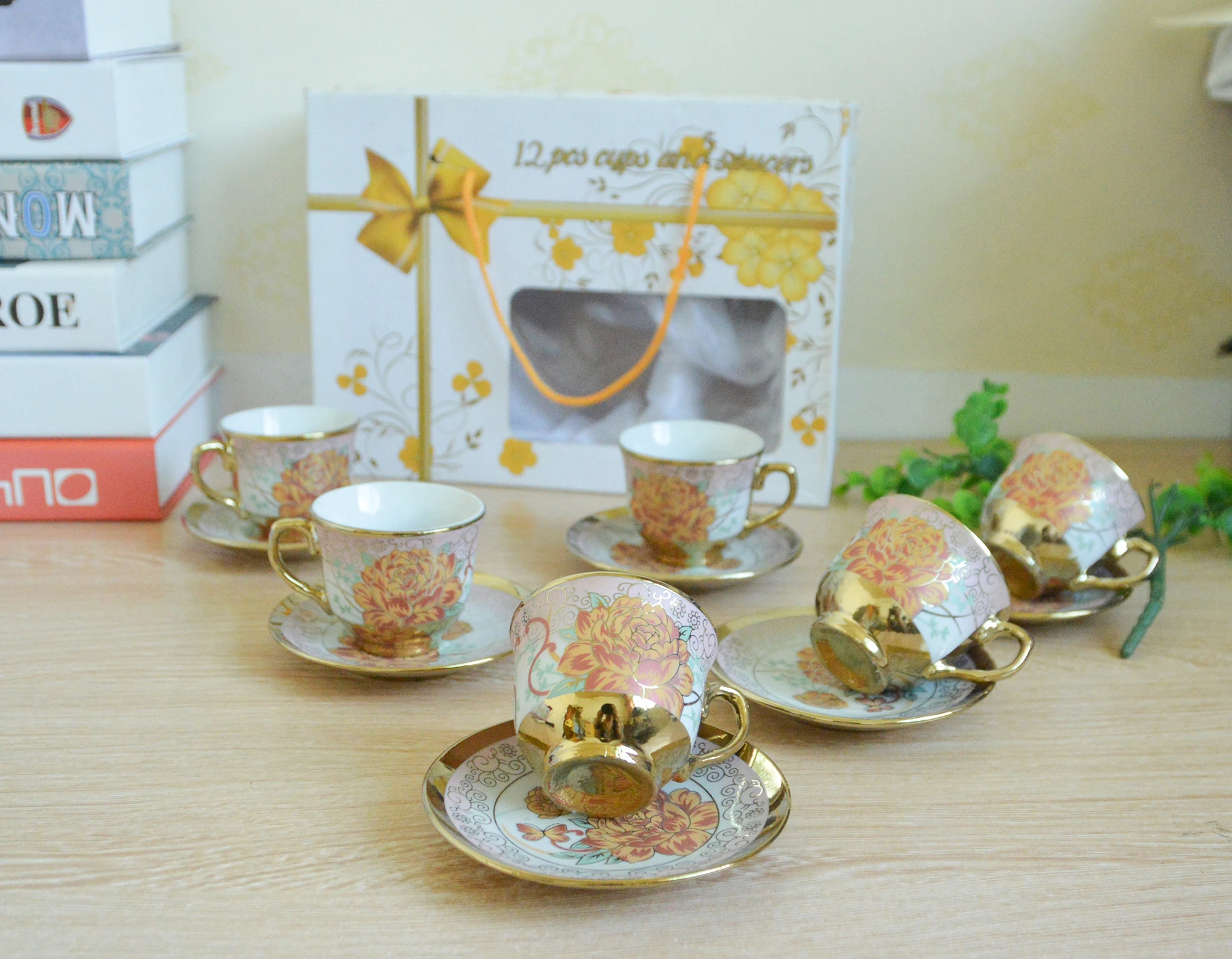 
Gold Rim Porcelain Afternoon Tea Party gold-plated tea set gifts Coffee Ceramic Cups Saucer Set Coffee & Tea Sets 