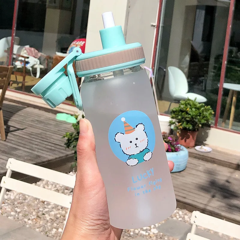 Fashion Cartoon Cute Bear Glass Bottles With Straw Simple Colorful Drinking Water