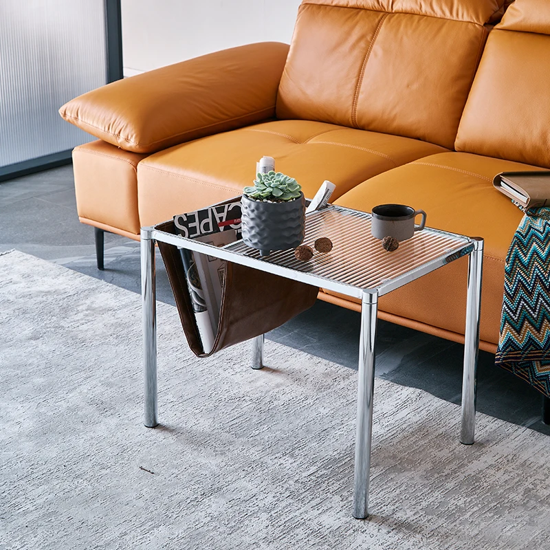 Modern Home Furniture Indoor Metal Frame Small Coffee Table Glass TOP Magazine Bag Holder Sofa Side Table