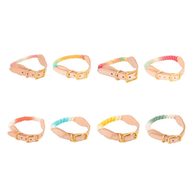 Adjustable Puppy Leather Belt Braided Cotton Rope  Leather Dog Collar for Small Dog Cat