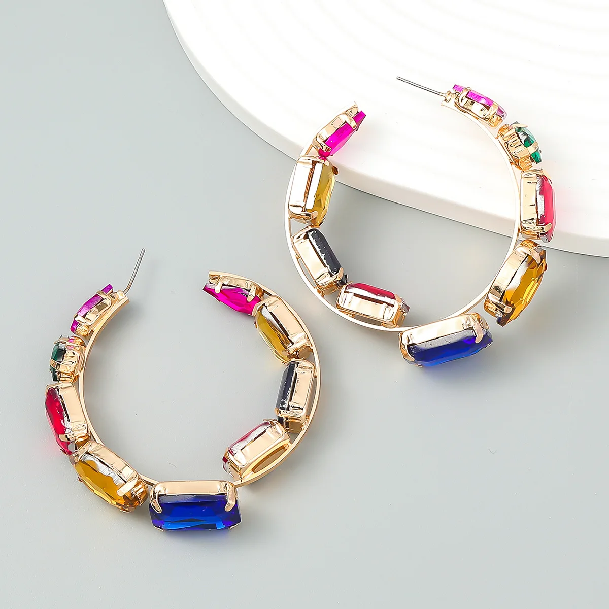 Fashion Color Diamond Series C-shaped Alloy Half Inner Outer Ring  Glass Crystal Female Super Flash Earrings