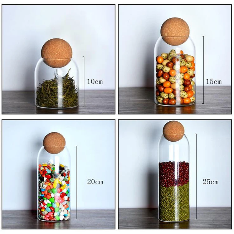 Creative Cork Lead Free Kitchen Tea Coffee Food Sealed Transparent Glass Storage Jar With Wooden Lid