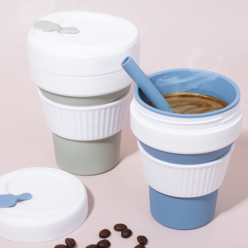 Custom Reusable 12 16 oz Portable Foldable Silicone Folding Collapsible Silicon Travel Coffee Cup Mug To Go