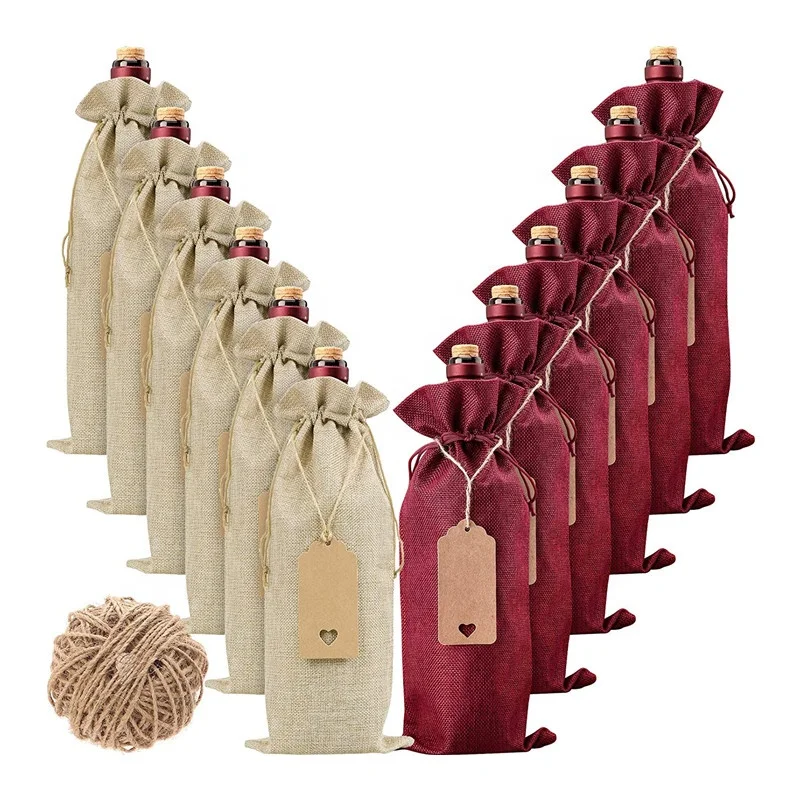 Burlap Wine Bags Wine Gift Bags 12 Pcs Wine Bottle Bags Cover with Drawstrings Tags & Ropes for Christmas Wedding Birthday party
