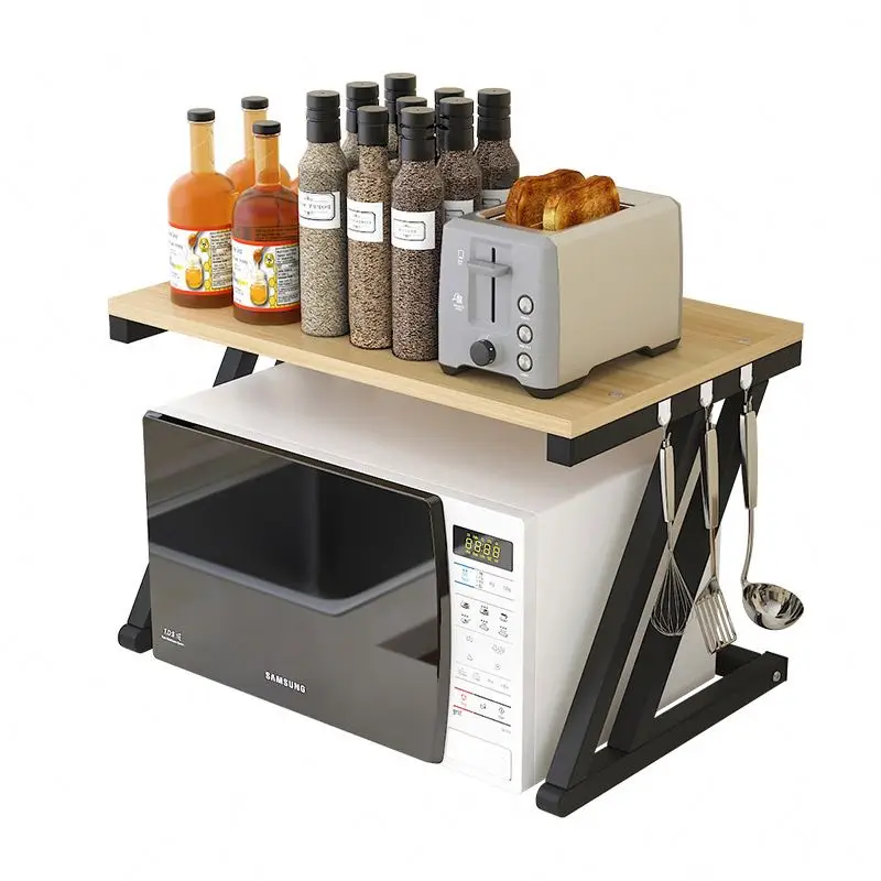 Z-shaped wooden kitchen microwave oven rice cooker pot oven iron storage floor rack multi-layer spice rack pot rack