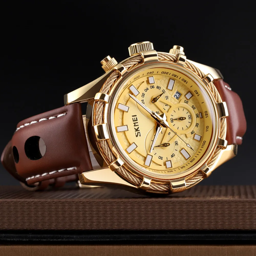 best selling SKMEI 9189 genuine leather men quartz watches with chronograph