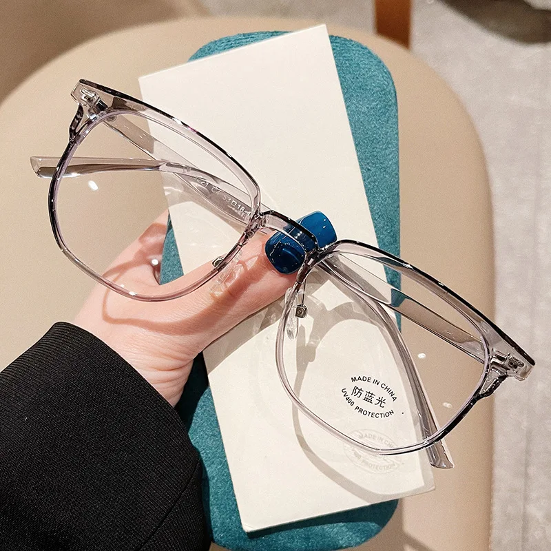 New TR90 Big Square Frame Myopia Glasses Frame Korean Version Rivet Irregular Plain Lens Women Blue Light Glasses