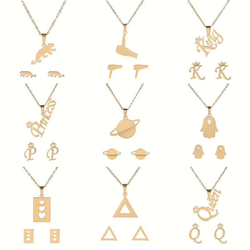 Trendy Stainless Steel Heart Earring Necklace Set For Women Cat Horse Frog Butterfly Animal Flower Pendant Party Wedding Jewelry