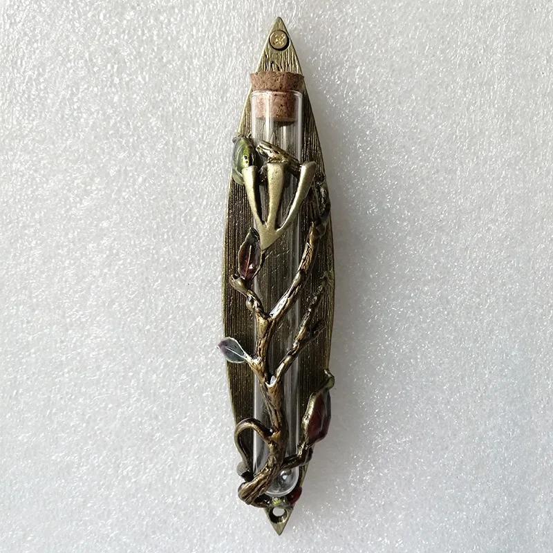 Antique Gold Zinc Alloy Scrolls  Gohonzon Mezuzah Case With Hollow Decor Leaves Branch Vines And Glass Test Tube Jewish Items