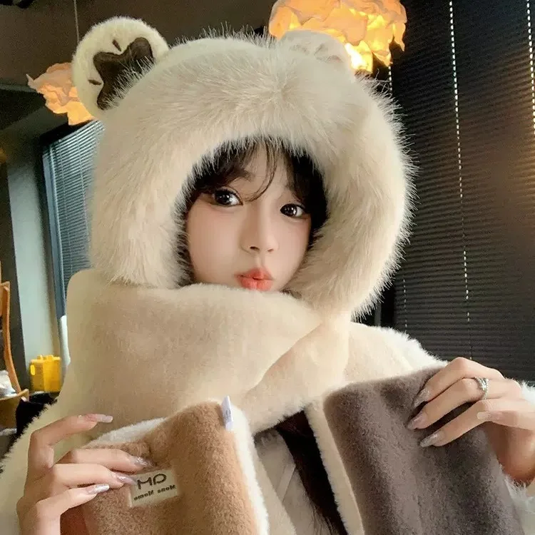 Wholesale factory plush hat autumn and winter scarf hat overall plush girl super cute ear protection plush animal bear hat