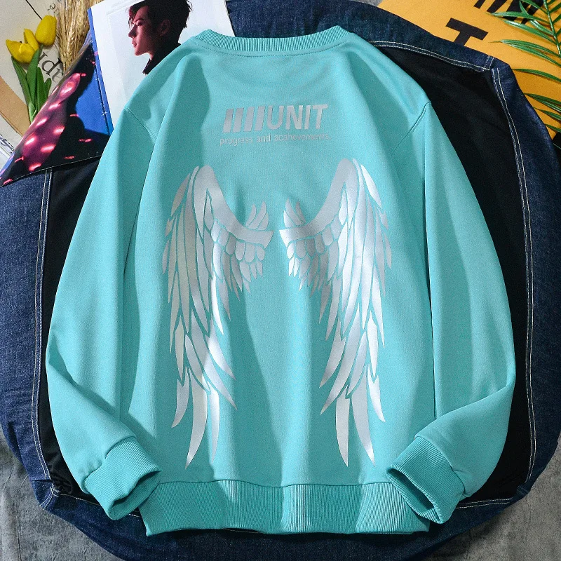 New Angel Wing Print Glow In The Dark Reflective Hoodies For Men Streetwear Zip Up Hoodie Fashion Oversized Sport Wear
