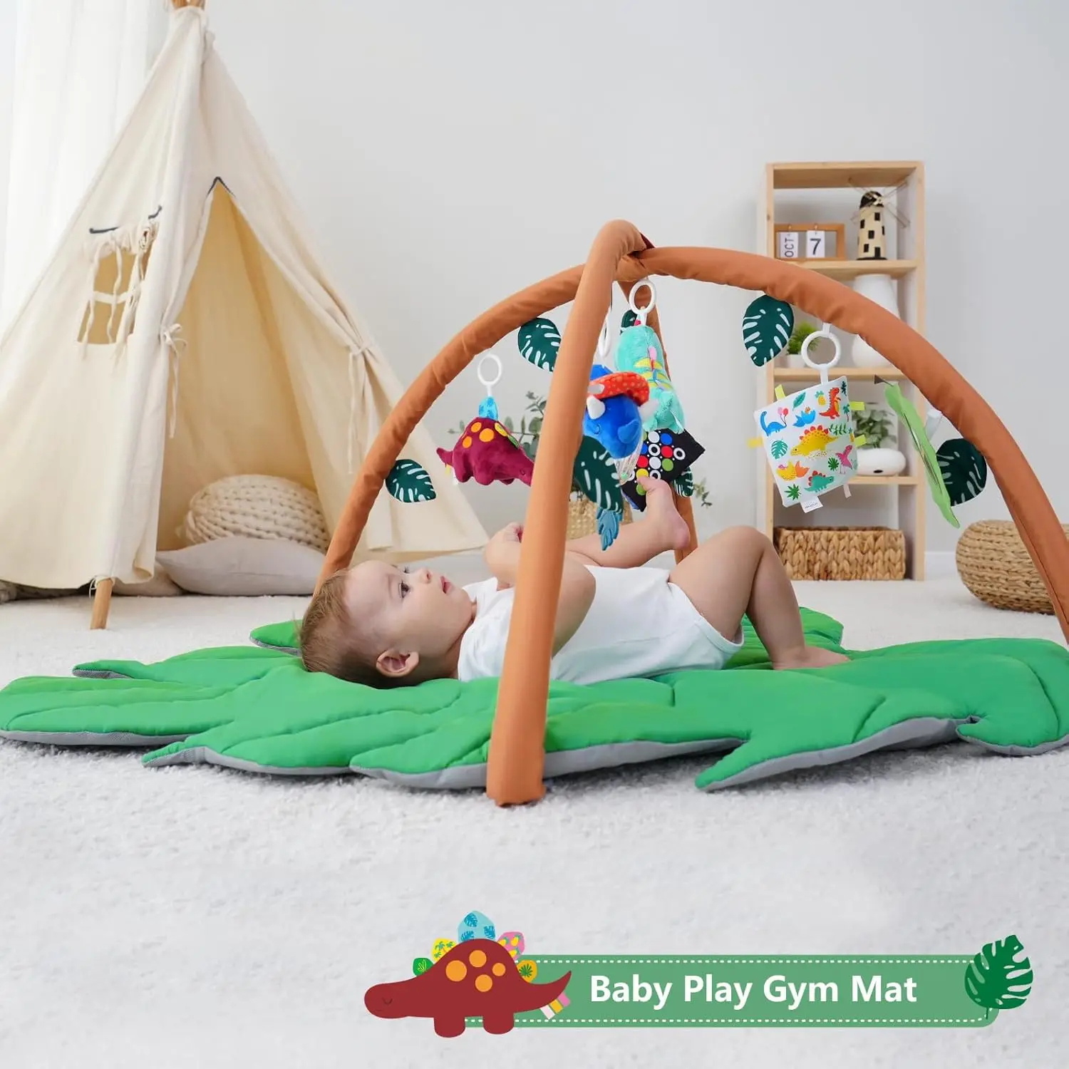 Baby Play Mat Baby Gym Large Space Leaf Shaped Baby Tummy Time Play Mat Activity Crawl Mats with 6 Dinosaur Sensory Toys