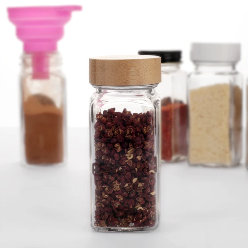 24 Piece Set Small Airtight 4oz Square Storage Glass Jars Canisters With Bamboo Lids For Kitchen Spice