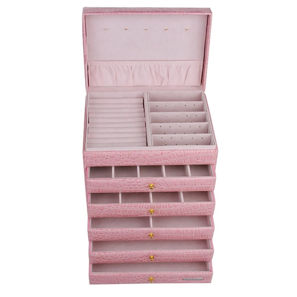 Wholesale Custom Logo Large Capacity Crocodile Print Pink Crocodile Print Faux Leather, multi-drawer jewellery storage box