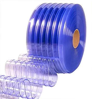 Wholesale 3mm Thick Soft Clear Transparent PVC Door Curtain Strip UV Printed in Blue Yellow and Ribbed Colors