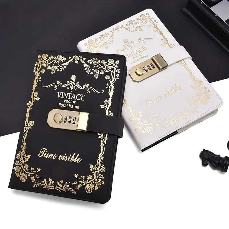 Custom Vintage Code Book High Grade Leather Rose Lace Notebook with Lock Good Gift Thicken Notebook Journal Diary