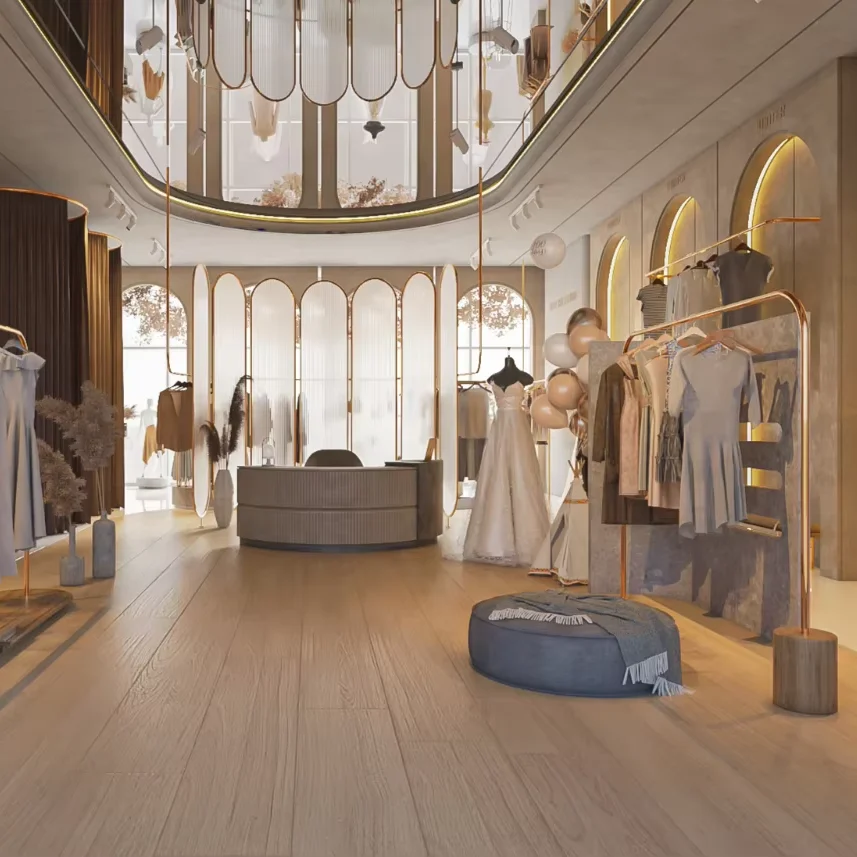 High End clothing interior display accessories design rose gold stainless steel shelves delicate clothing display rack