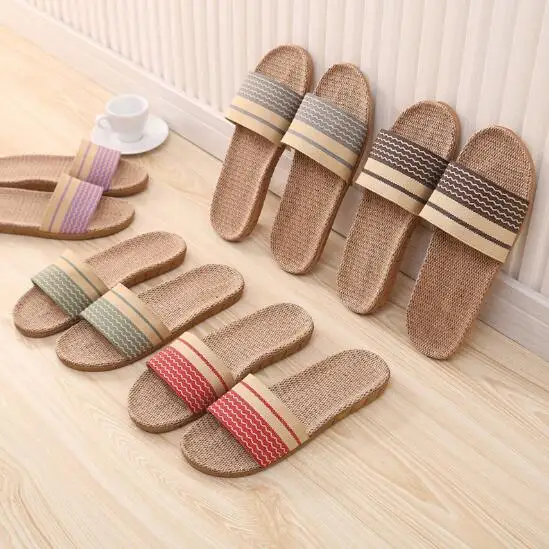 
Wholesale Men Women Linen Lovers Indoor Wooden Floor Mute Home Non-slip Thick Bottom Summer Sandals Straw Slippers 