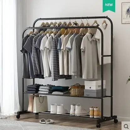 2 Poles Movable Hanger Stand/Hanger Rack With 2 Layer Organizer & With Wheels