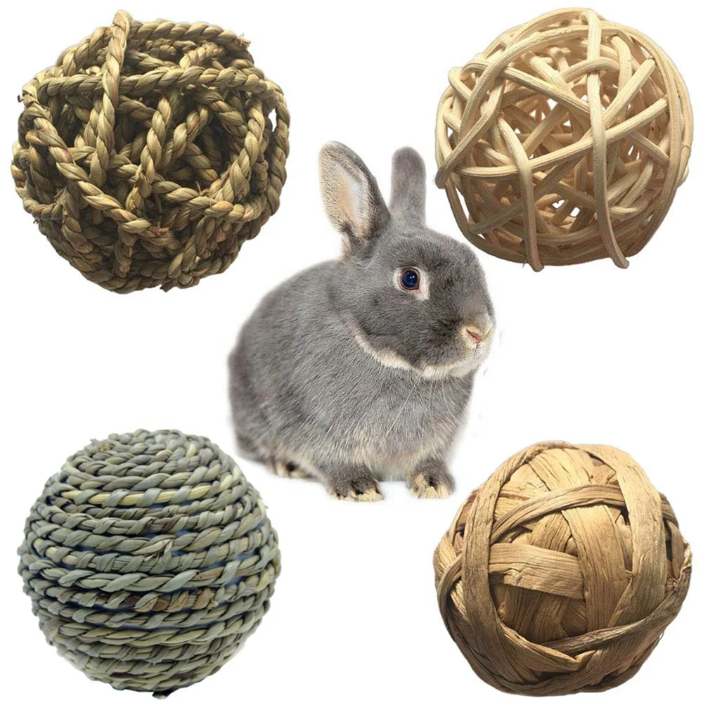 Farms Select 4pcs Pack Small Animal Activity Toy Hand Woven Grass Ball Chew Toy for Rabbits Cats Hamsters Gerbils