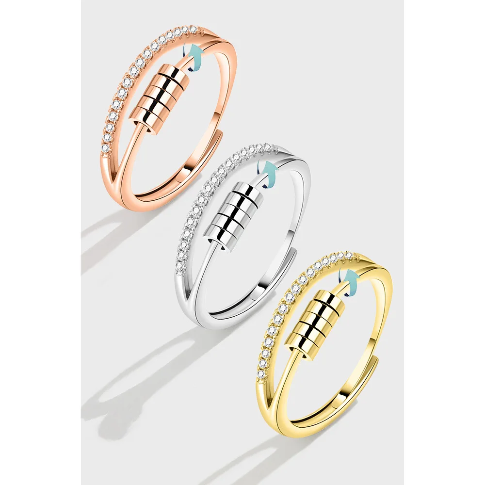New Anxiety Spinner Ring 925 Sterling Silver Rotate Fidget Mood Ring With Bead Worry Stress Relief Adjustable Ring