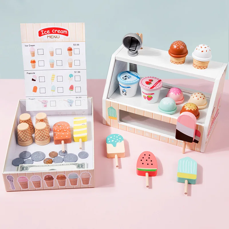 Ice Cream Counter play set for Kids Montessori Pretend Play Food Toys Kitchen Wooden Popsicle Set with Scoop & Cash Ice Cream