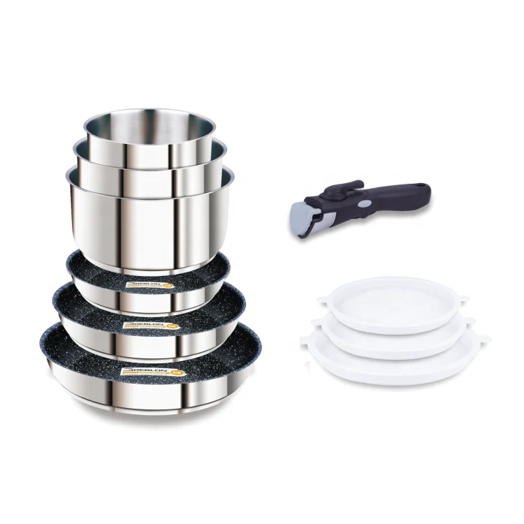 marble stone non-stick cooking pans cast bottom induction double sided stainless steel wok frying pan and pot set