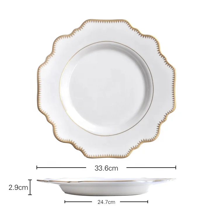 wholesale tooth wedge shaped white and gold rim porcelain ceramic charger dinner plates for wedding decoration