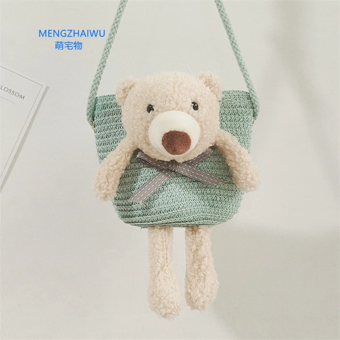 no stock mini crossbody bag straw eco friendly cute bear decoration toddler purses zipper childrens coin bag