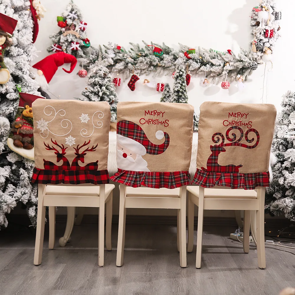 Wholesale cheap high quality linen embroidery decorative Christmas chair cover for home decoration