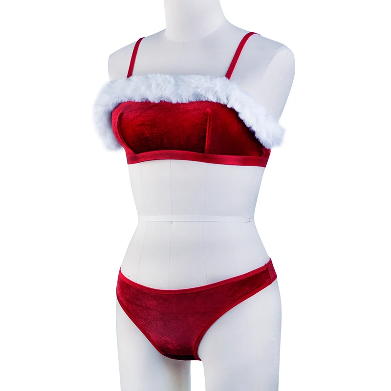 ODM Ladies Sexy Lingerie Marabou Bra Panties Women Underwear 2022 Holiday Velvet Fur Trim Intimate Sexy Lingerie Bra&Brief set