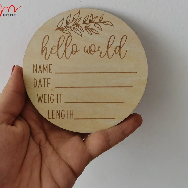 Hello World Birth Announcement Sign Modern Wood Engraved Round Plaque Baby Milestones Card