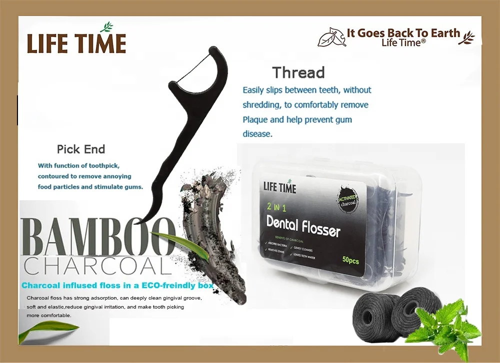 Factory customization bamboo charcoal dental flosser picker tooth cleaning dental floss pick colored dental floss pick
