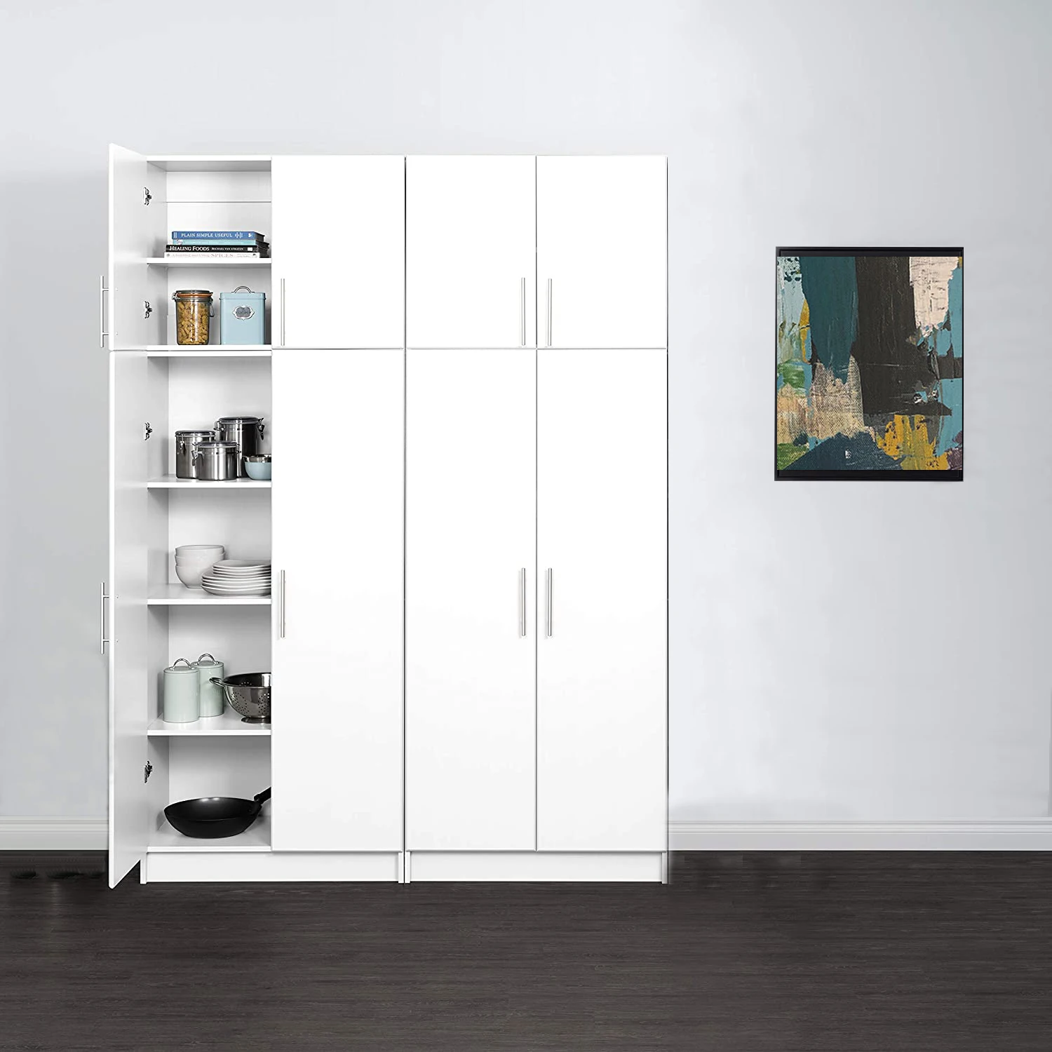 2 Door Modern Minimalist Wardrobe Closet Storage Cabinet with Partitions and Clothes Rail, Simple White