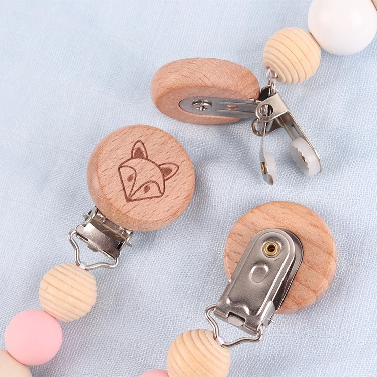 High Good Quality 3pcs/set Cartoon Animal Fox Shape Wooden Pacifier Chain Baby Chew Toy Teether Set
